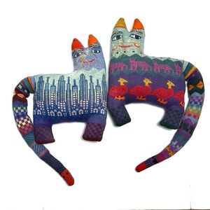 Pair of Vintage 1986 Handloomed Stuffed Cat Shaped Wool Pillows New Excellent